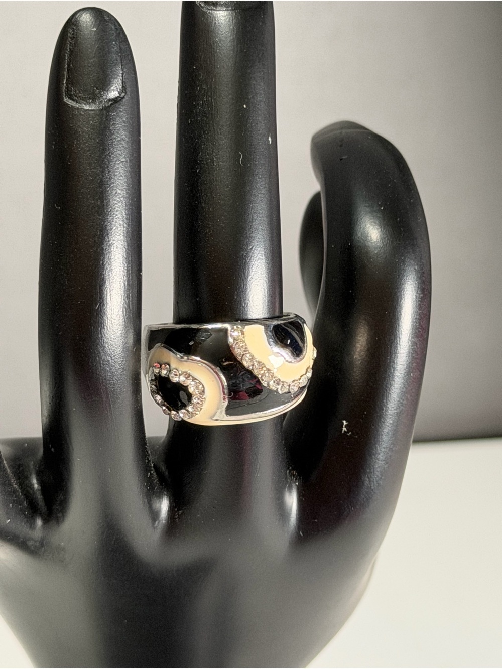 Black and Cream Swirl Dome Ring with Crystal Accents
